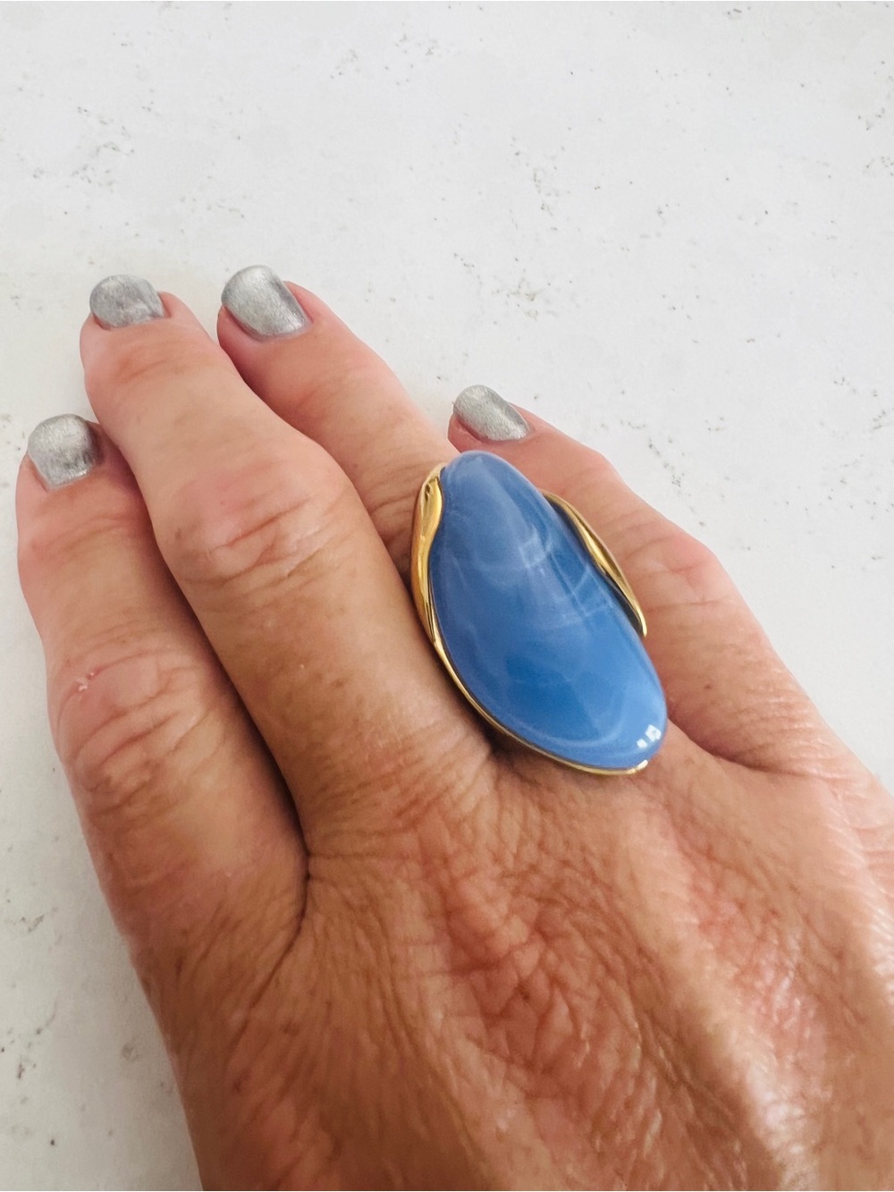 Blue Statement Teardrop Ring with Gold Accents